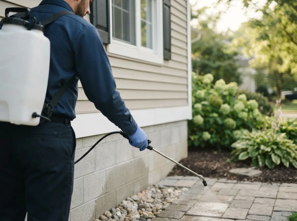 Pest control technician inspecting a home in Unadilla, NY